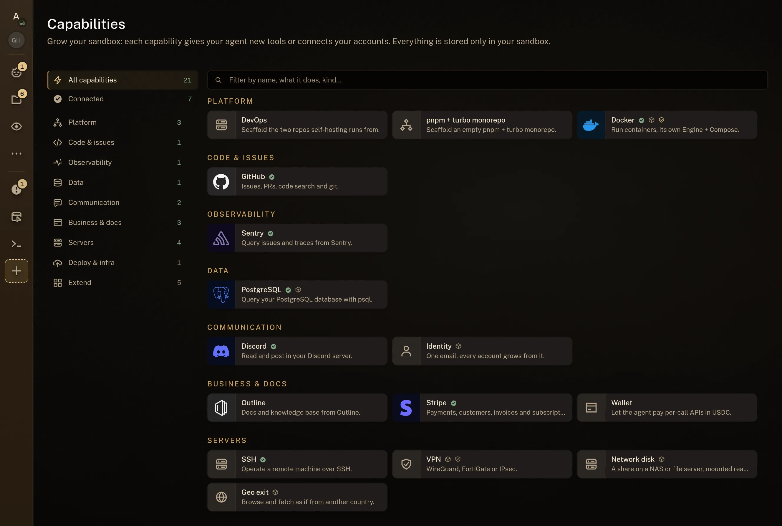 The capability catalog grouped by Platform, Code & issues, Observability, Data, Communication, Business & docs and Servers, with Docker, GitHub, Sentry, PostgreSQL, Discord, Stripe and SSH marked as connected.