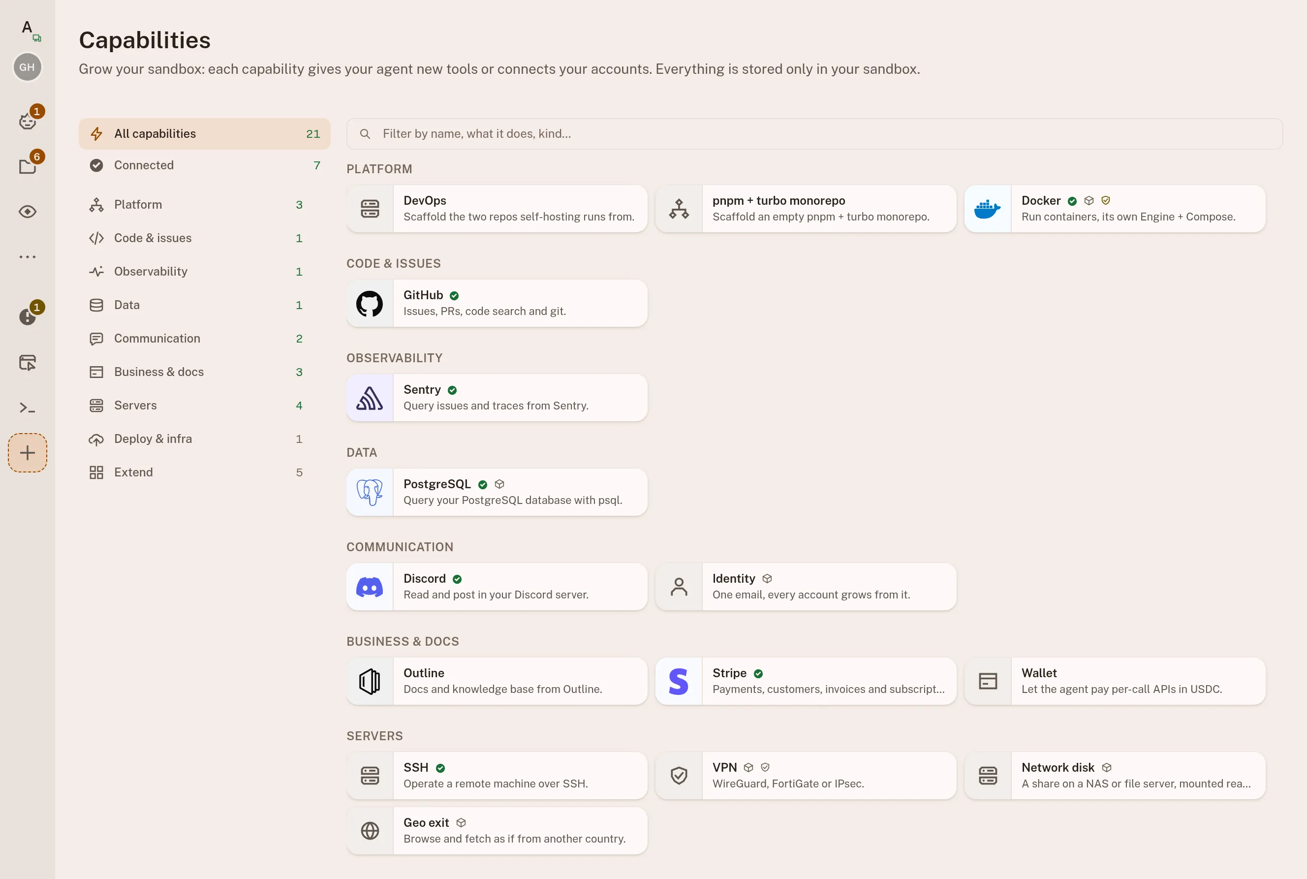 The capability catalog grouped by Platform, Code & issues, Observability, Data, Communication, Business & docs and Servers, with Docker, GitHub, Sentry, PostgreSQL, Discord, Stripe and SSH marked as connected.