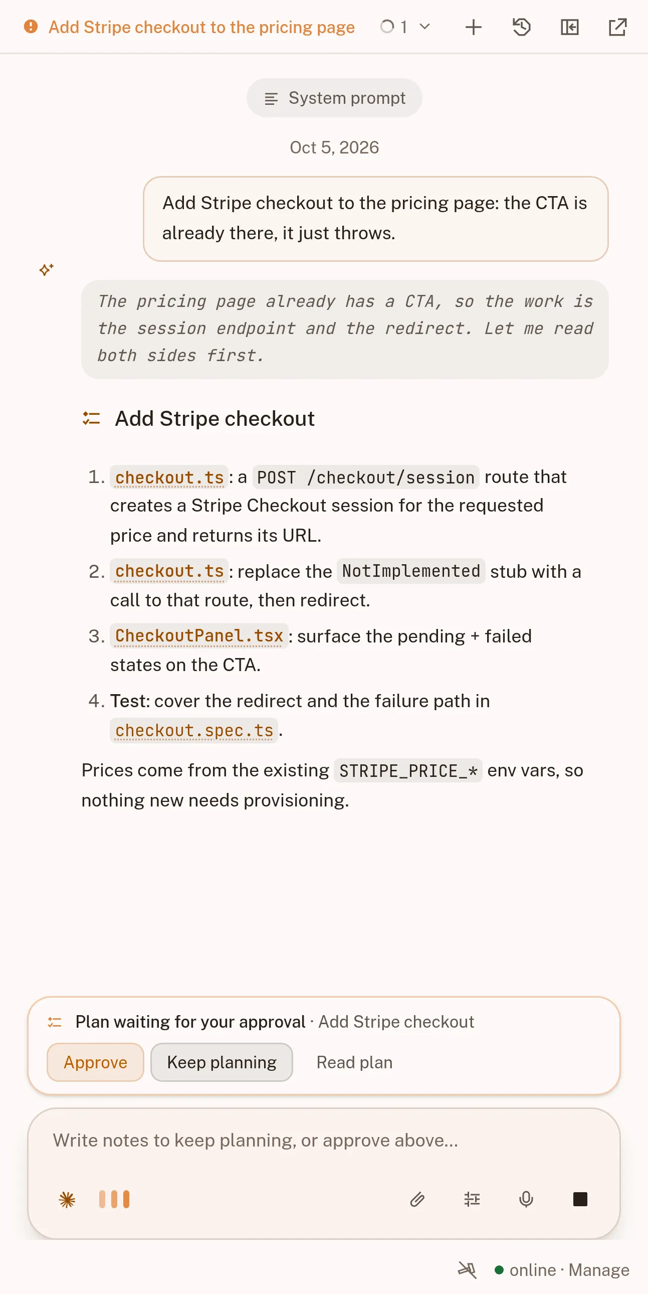 The plan sidebar where an agent proposes changes before writing code