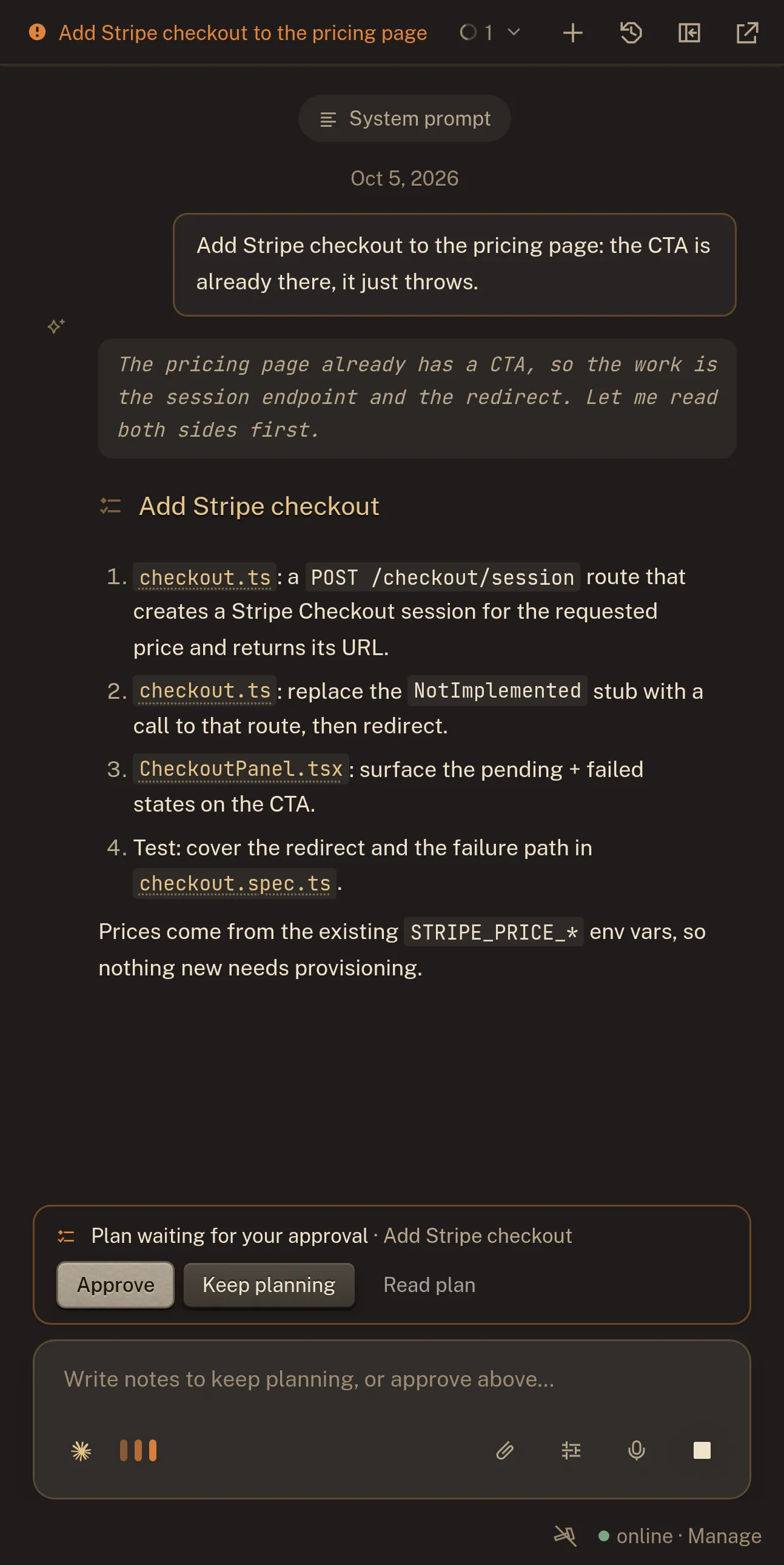 The plan sidebar where an agent proposes changes before writing code