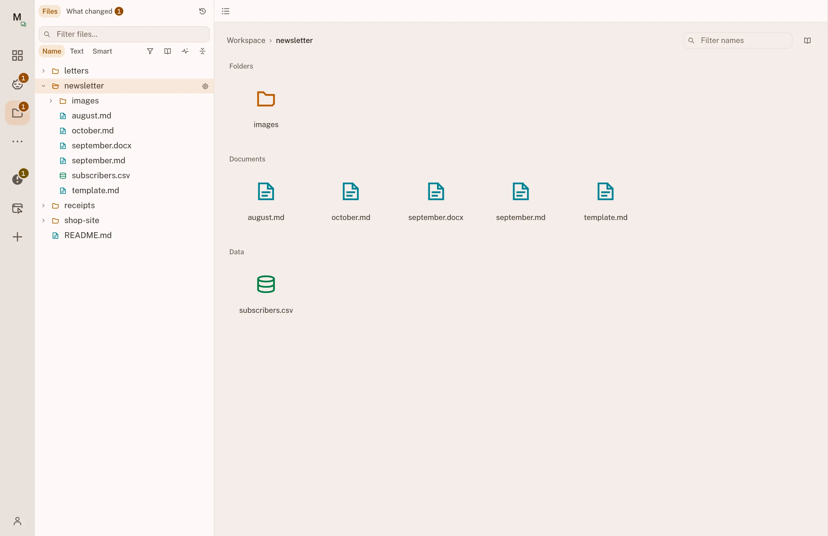 The desk's files with the newsletter folder open: August's, September's and October's drafts, the template, the subscriber list and a folder of pictures, drawn as documents rather than as a code tree.