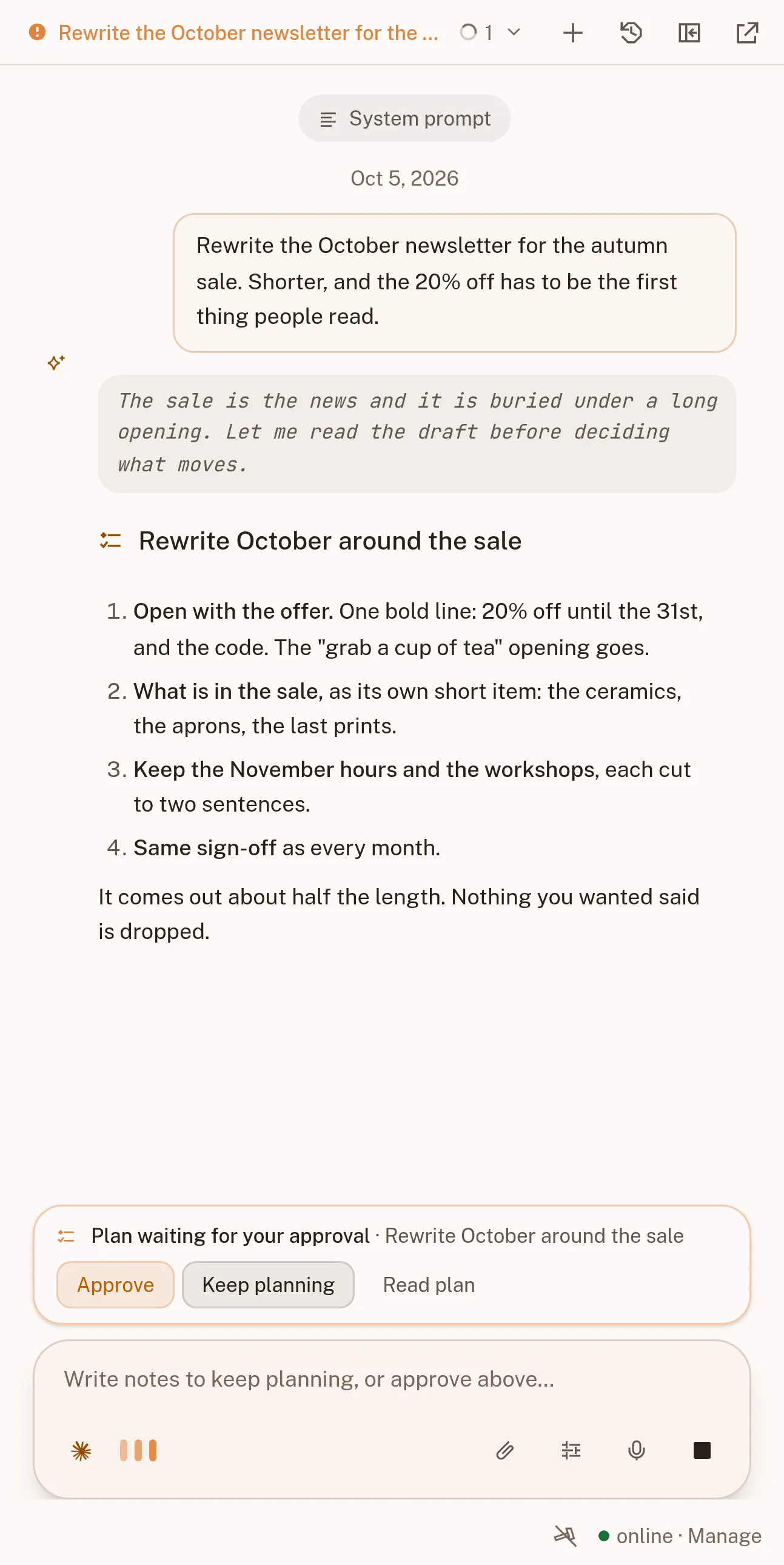 The plan sidebar where the assistant proposes changes before editing documents