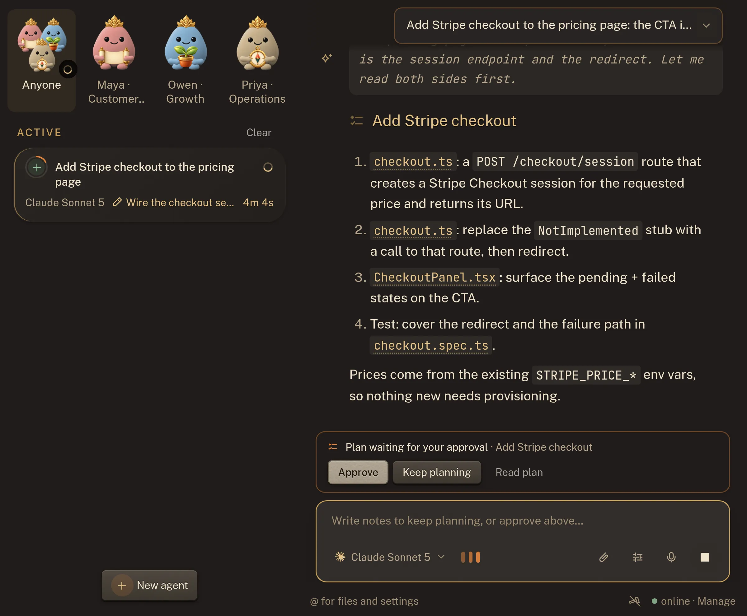 An agent conversation showing the coding agent responding to a task