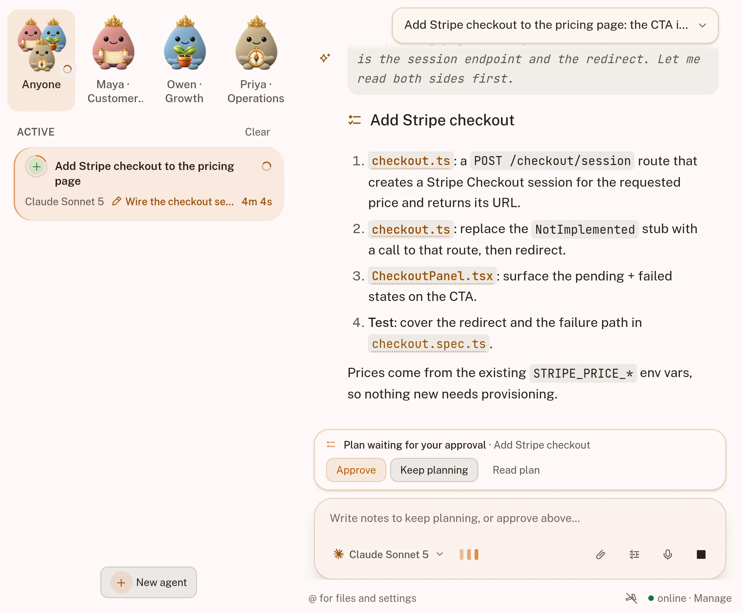 An agent conversation showing the coding agent responding to a task