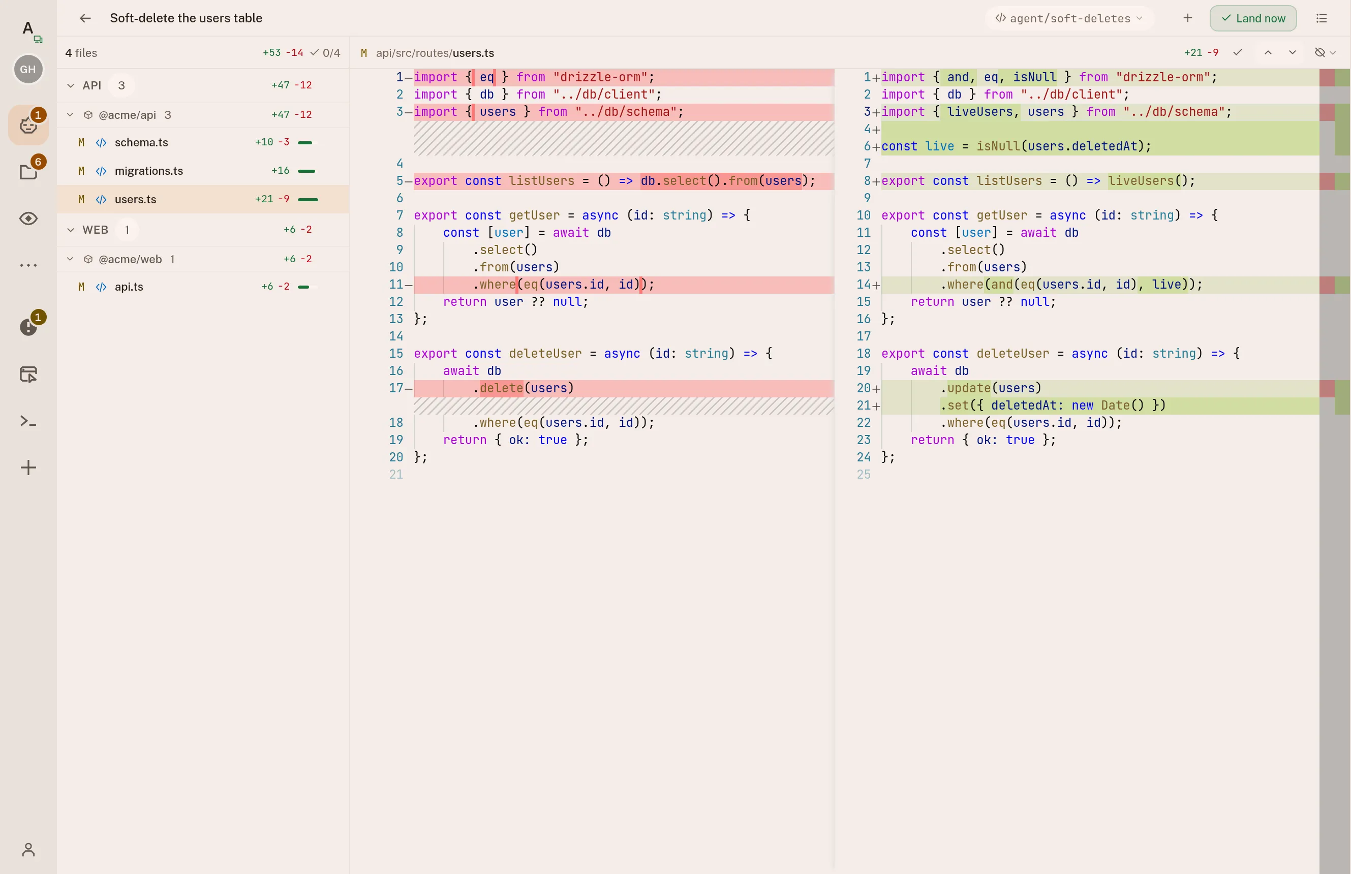 A finished change waiting for a yes: the agent's task as a plain title, a Land now button not yet pressed, its four files grouped by repository, and the users route open as a side-by-side diff in which the delete becomes an update and both reads skip retired rows.