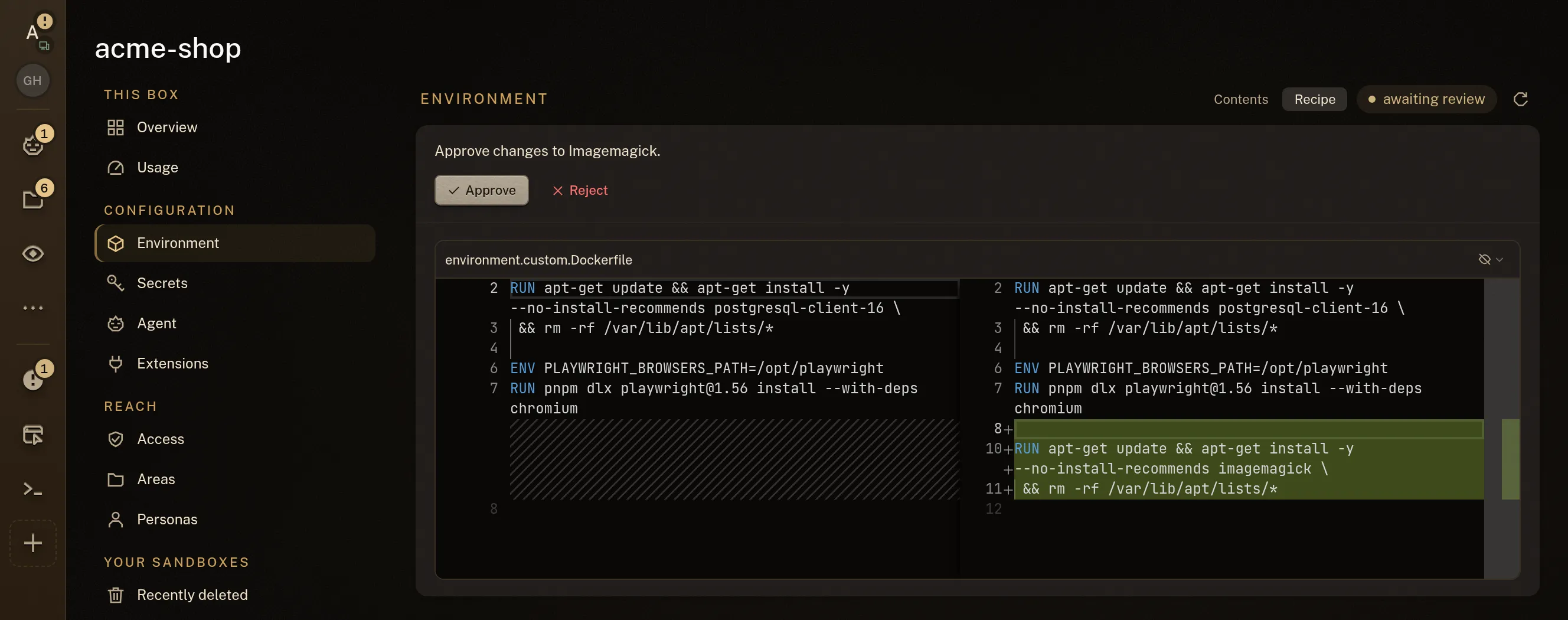The sandbox Environment tab: an overlay Dockerfile diff awaiting review, adding an imagemagick install, with Reject and Approve buttons.