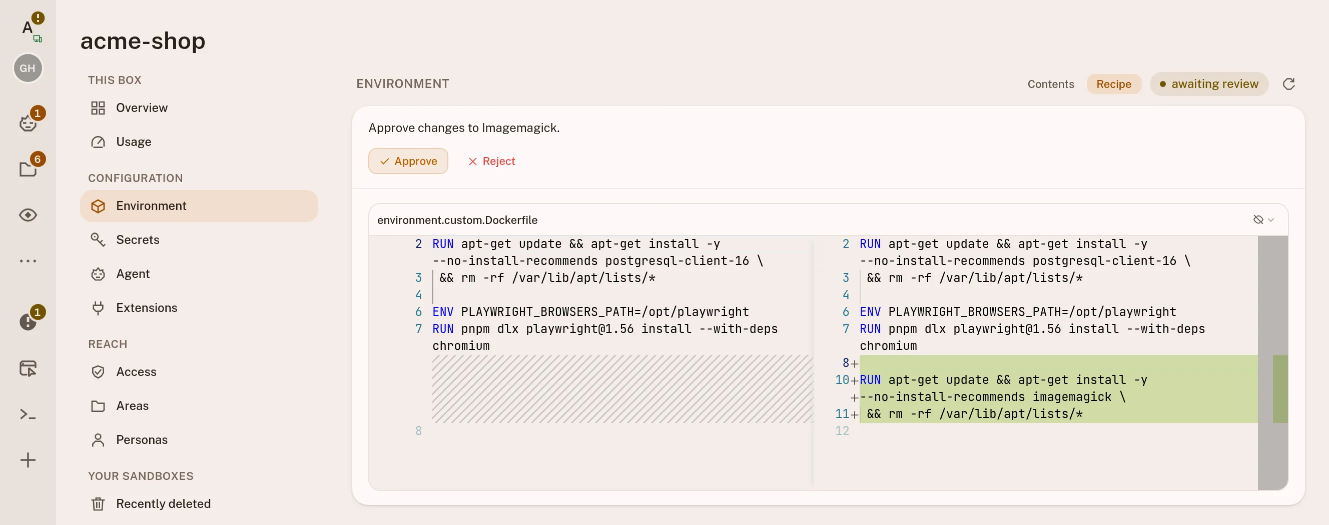 The sandbox Environment tab: an overlay Dockerfile diff awaiting review, adding an imagemagick install, with Reject and Approve buttons.