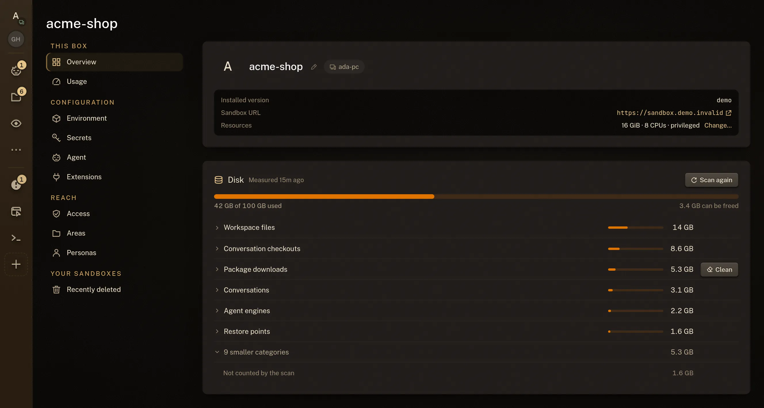 The sandbox hub: the acme-shop sandbox on ada-pc with its installed version, its own URL and the memory and cores it may use, over the disk it takes up, beside the list of everything it holds: usage, environment, secrets, agent account, extensions, access, areas and personas.