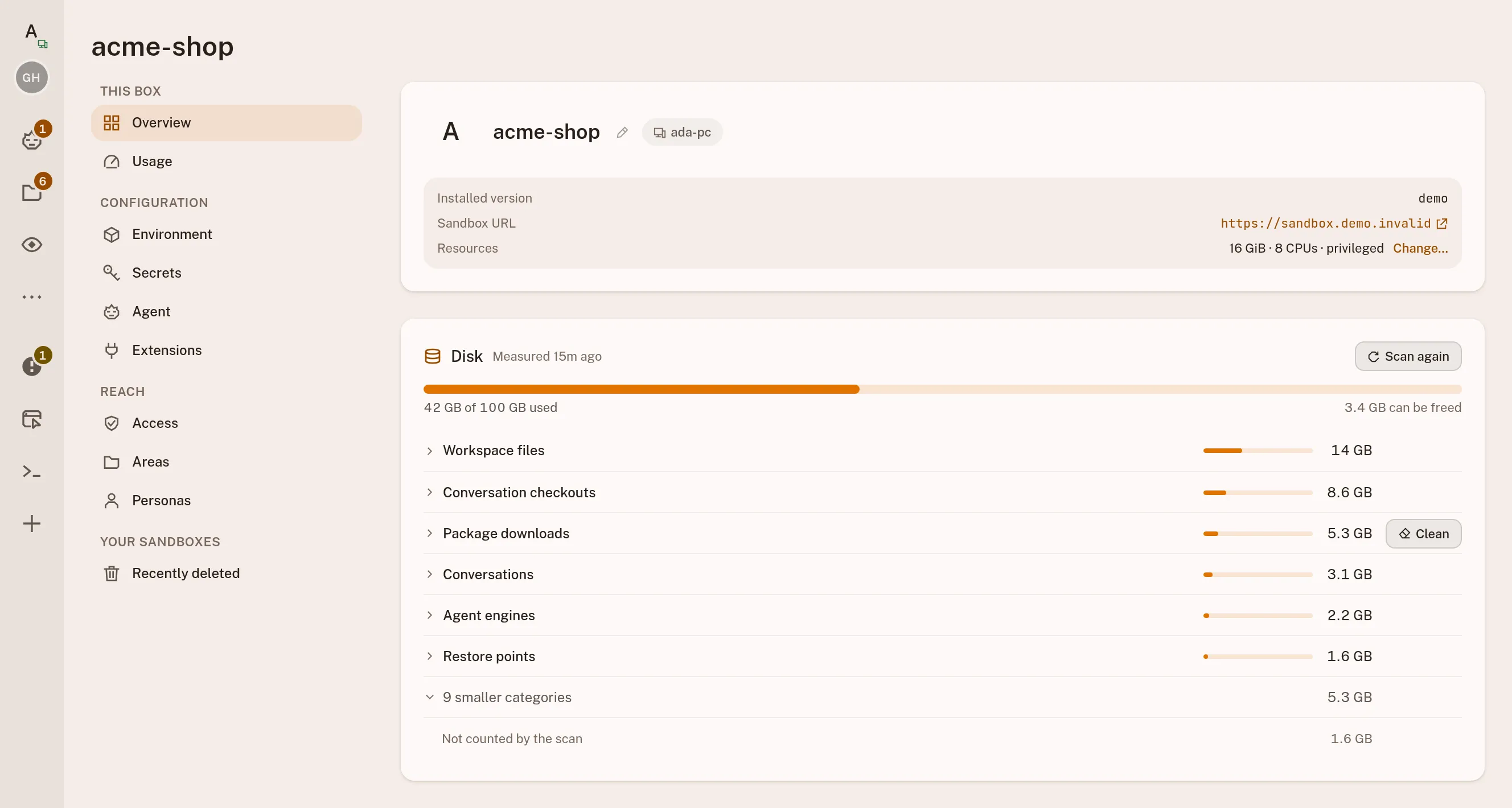 The sandbox hub: the acme-shop sandbox on ada-pc with its installed version, its own URL and the memory and cores it may use, over the disk it takes up, beside the list of everything it holds: usage, environment, secrets, agent account, extensions, access, areas and personas.