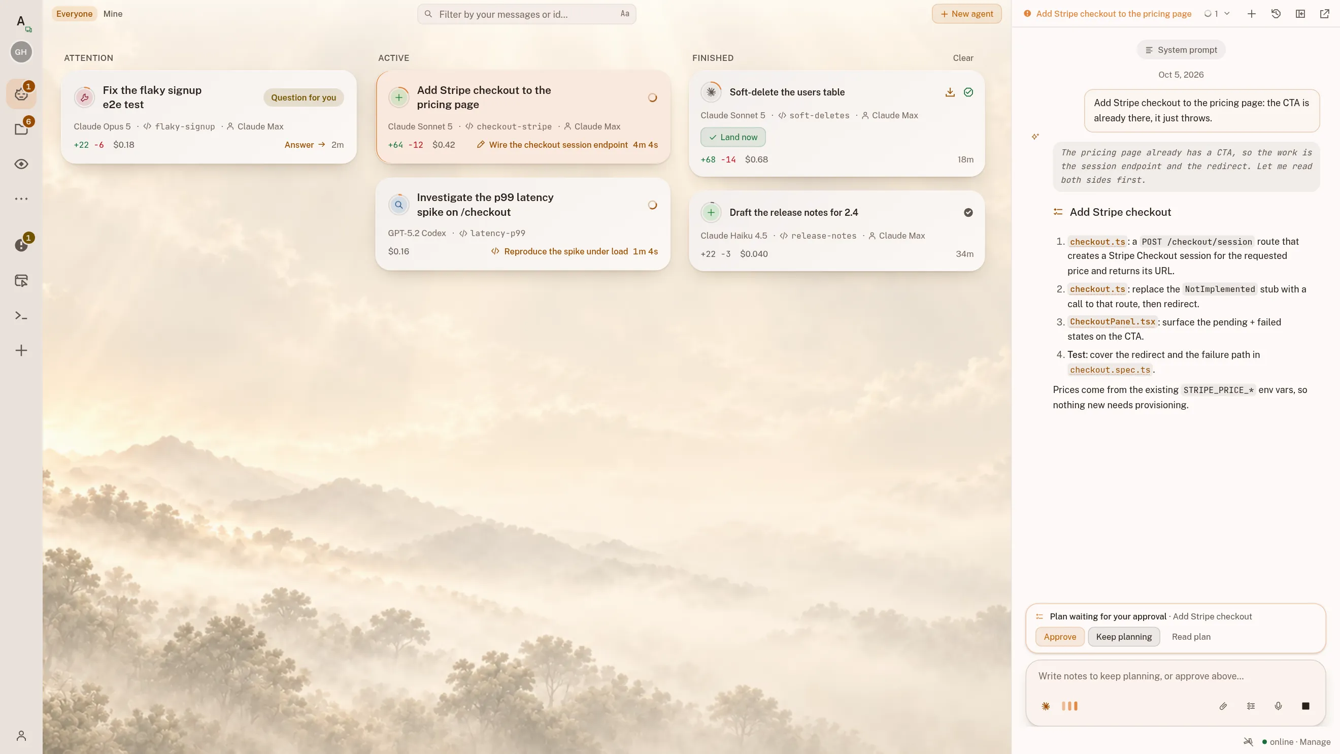 The intentic workspace on the agents board, over a misty forest: an agent asking a question in Attention, two at work in Active, and in Finished a change offering Land now above one already landed. Every card carries its model, its branch, what it has cost and its diff stats. The chat docked beside the board holds the plan the Stripe checkout agent wrote, with Approve under it.