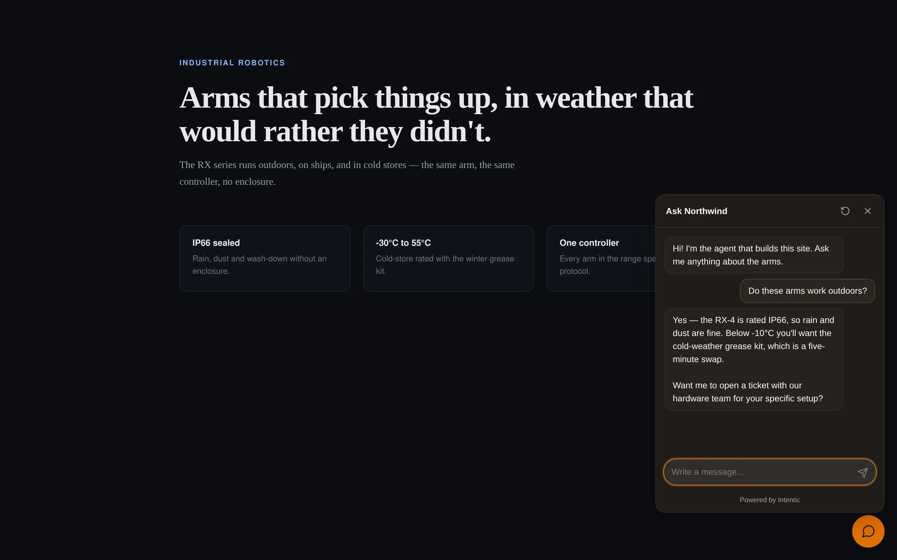A robotics company's website with the Visitor chat widget open in the corner: the agent greets the visitor, the visitor asks whether the arms work outdoors, and the agent answers with the IP66 rating and a cold-weather caveat, then offers to open a ticket.