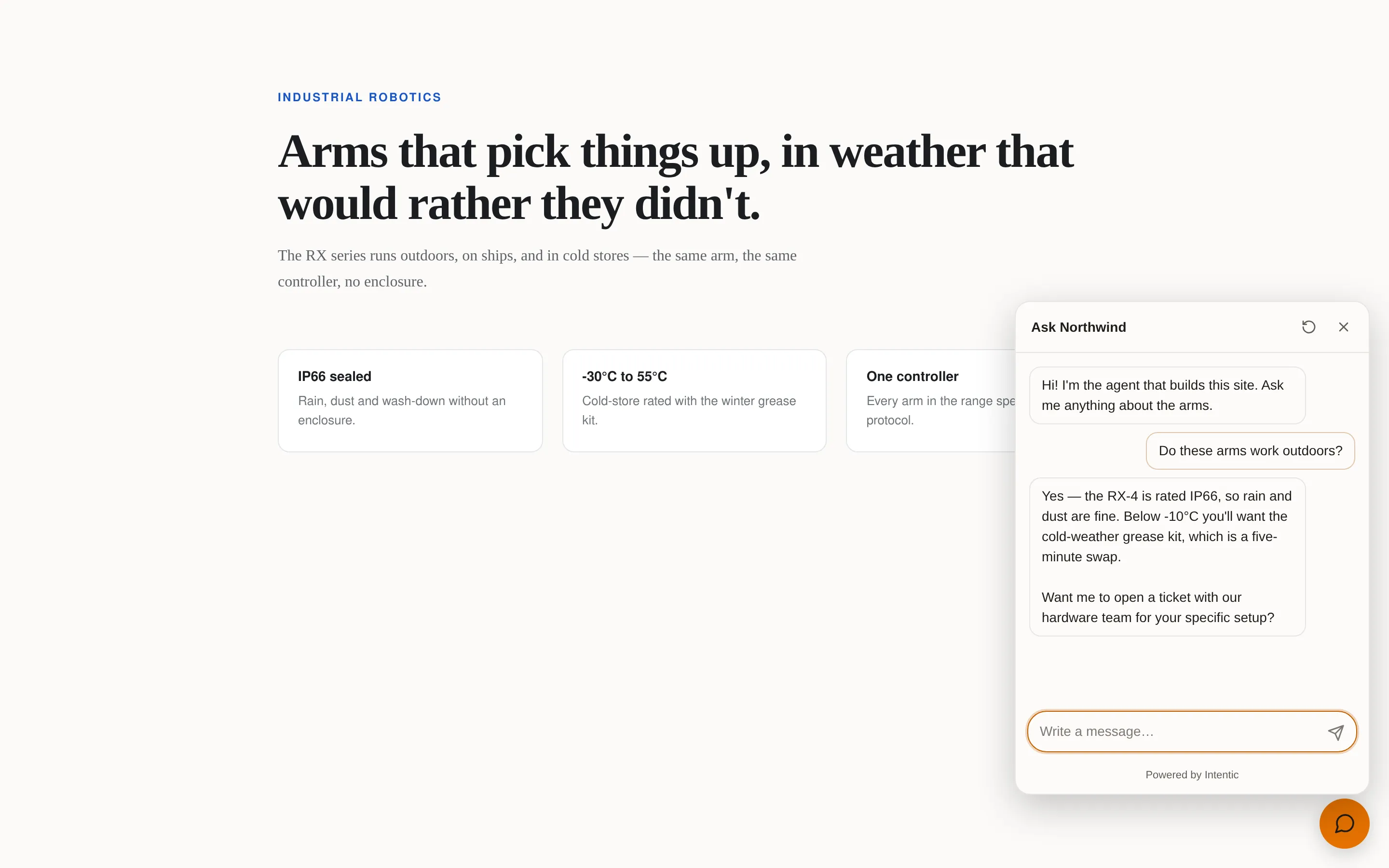 A robotics company's website with the Visitor chat widget open in the corner: the agent greets the visitor, the visitor asks whether the arms work outdoors, and the agent answers with the IP66 rating and a cold-weather caveat, then offers to open a ticket.
